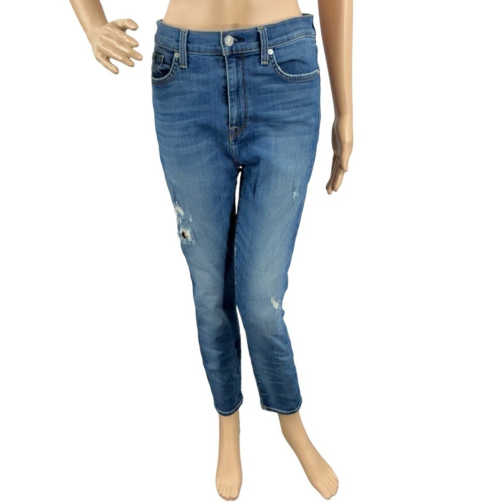 7 For All Mankind High Waist Ankle Skinny Jeans Distressed Blue Size 28